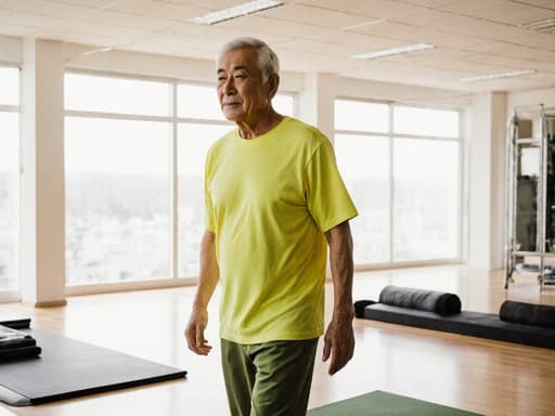 60대 동양인 남성이 밝은 요가복을 입고 필라테스 스튜디오에서 요가 매트를 향해 평온하게 걸어가는 모습으로, 창문을 통해 들어오는 자연광이 가득한 공간에서 마음의 안정과 평화를 담고 있습니다.
