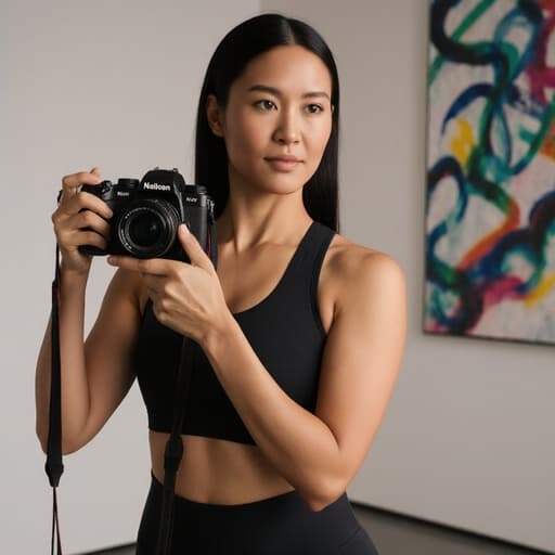 30대 혼혈 여성이 편안한 운동복을 입고 카메라를 들고 운동에 집중하는 모습의 반신 사진이 담겨 있습니다. 현대적인 전시 공간의 세련된 벽과 현대 미술 작품을 배경으로 하며, 그녀의 평온한 표정이 전체적인 분위기를 더합니다. 부드럽고 자연스러운 조명이 전체적인 아름다움을 강조합니다.