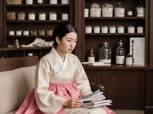 10대 초반의 라틴계 소녀가 전통 한복 스타일의 의상을 입고 소파에 앉아 걱정스러운 표정을 지으며 한의학 연구 자료를 들여다보고 있습니다. 전통 한의원의 내부에는 한약재와 치료 도구가 진열되어 있어, 그녀의 연구에 대한 깊은 집중과 걱정을 잘 표현하고 있습니다.