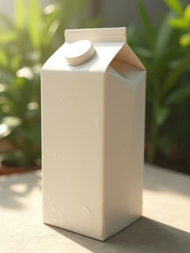 부드러운 오후의 햇살 아래 흐릿한 녹색 식물이 배경에 있는 우유 팩이 따뜻하고 매력적인 분위기를 만들어냅니다.