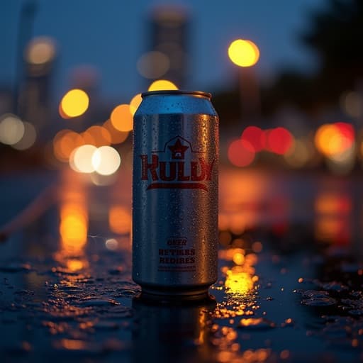 차가운 맥주 캔의 클로즈업, 표면에 수분 방울, 미세한 움푹 들어간 부분, 반사 표면 위에 놓여 있고, 밤의 도시 불빛이 배경에 밝게 비추며 자연광이 부드러운 그림자를 드리우고, 보케 효과 포함, 생동감 있는 도시의 상쾌한 기분.