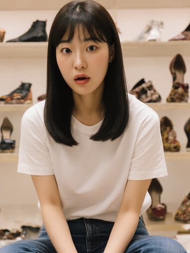 20대 아시아계 여성이 트렌디한 티셔츠와 청바지를 입고 패션 매장에서 반신 촬영된 모습입니다. 그녀는 신발을 신으려는 순간에 약간 당황한 표정을 지으며 손을 뒤로 두고 있습니다. 배경에는 다양한 스타일의 신발들이 진열되어 있어 패션 선택에 대한 흥미롭고 유쾌한 분위기를 만들어냅니다.