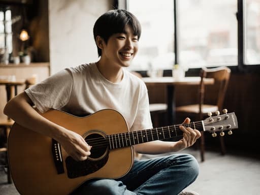 10대 초반 아시아계 남성이 캐주얼한 티셔츠와 청바지를 입고 아늑한 카페 바닥에 앉아 기타를 연주하며 자연스럽게 미소 짓고 있습니다. 카페는 테이블과 의자로 꾸며져 있어 따뜻하고 초대하는 분위기를 자아냅니다.