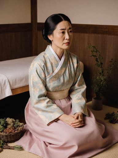 40대 아시아계 여성이 전통 한복을 입고 아늑한 한의원 바닥에 앉아 무릎을 손으로 감싸고 치료에 대한 걱정스러운 표정을 짓고 있는 모습, 따뜻하고 매력적인 한약재 배경과 함께.