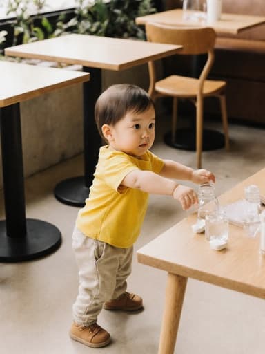 밝은 색의 티셔츠와 편안한 바지를 입은 귀여운 1세 한국 남자 아기가 아늑한 카페의 테이블과 의자 사이에서 호기심 어린 표정으로 주변 물건에 손을 뻗고 있는 모습의 전신 사진.