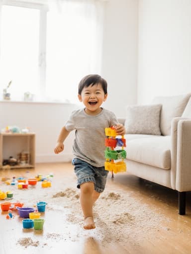 밝은 거실에서 장난감이 흩어져 있는 가운데 모래놀이 세트를 들고 즐겁게 달리는 귀여운 1세 남성 동양인의 전신 사진. 장난감과 함께 어린 시절의 즐거움을 보여줍니다.