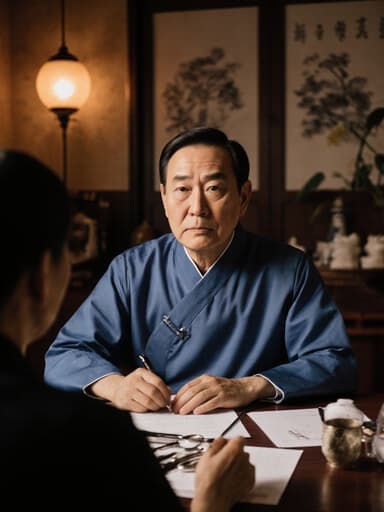 50대의 혼혈 남성이 자연스러운 외모를 지닌 채 전통적인 한의사 복장을 입고 있는 반신 컷입니다. 그는 테이블에 앉아 피곤한 표정으로 환자와 상호작용하며 진료 도구를 손에 들고 있습니다. 배경은 따뜻한 조명이 비춰지는 전통적인 한의원 내부로, 고전적인 장식이 분위기를 한층 더해줍니다.