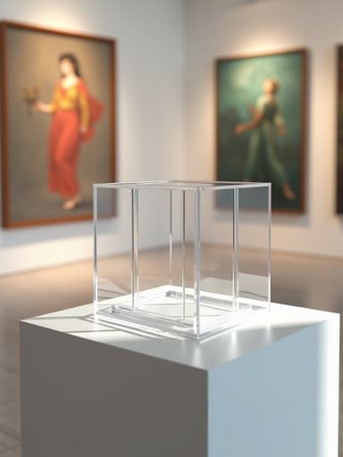 아크릴 정리함이 미니멀리스트 받침대 위에 놓여져 있고, 부드러운 자연광이 부드러운 그림자를 드리우며, 광택 있는 표면이 주변 예술 작품을 반사하고, 미세한 결함이 사실감을 높이고, 현대적이고 우아하며 고요한 분위기