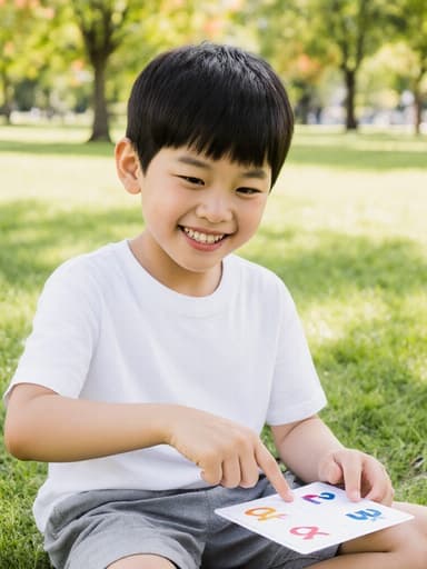 7세의 순수한 외모를 지닌 아시아계 남성이 밝고 화창한 공원에 앉아 있는 반신 촬영입니다. 그는 편안한 티셔츠와 반바지를 착용하고 있으며, 즐거운 미소를 지으며 알파벳 카드에 집중하고 손으로 카드를 가리키고 있습니다. 잔디와 나무가 있는 배경은 생기 넘치고 즐거운 분위기를 자아냅니다.