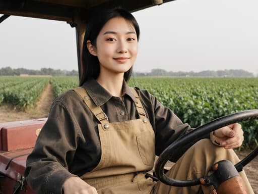 10대 후반의 동양인 여성의 반신 샷으로, 편안한 농부 스타일의 작업복과 장화를 착용하고 농기계와 상호작용하며 우아하게 앉아 있는 모습입니다. 그녀의 우아한 표정은 푸른 농작물이 배경인 야외 농장에서 긍정적인 감정을 발산하고 있습니다.