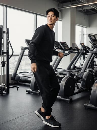 30대의 동양인 남성이 편안한 운동복과 운동화를 착용하고, 현대적인 피트니스 스튜디오에서 다양한 운동 기구가 배치된 가운데 춤추듯 몸을 기울이며 무관심한 표정을 짓고 있는 전체 신체 샷으로, 역동적인 분위기를 형성합니다.