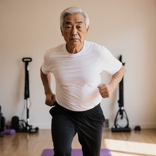 편안한 요가복을 입고 있는 60대 아시아계 남성이 요가 매트 위에서 동적인 동작을 취하며 한 손으로 허리를 잡고 있는 모습의 반신 사진입니다. 그의 피곤한 표정은 힘든 운동 후의 피로를 반영하고 있으며, 부드러운 조명과 다양한 요가 용품이 배치된 아늑한 요가 스튜디오가 배경에 있어 전체적인 분위기를 더욱 돋보이게 합니다.