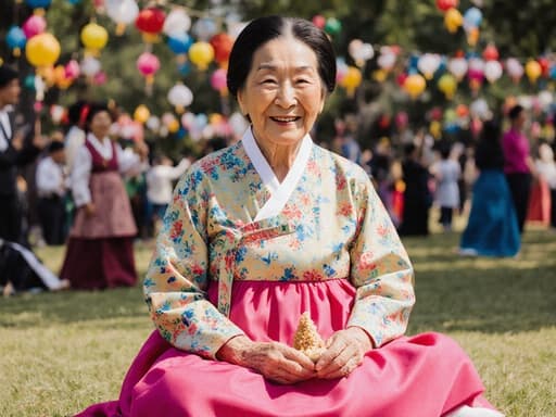 80대 혼혈 여성이 화려한 전통 한복을 착용하고, 공원에서 축제 중에 크로스 레그로 앉아 전통 음식을 들고 행복한 표정을 짓고 있는 반신 촬영. 주변은 화려한 장식과 축제를 즐기는 사람들로 가득 찬 분위기입니다.