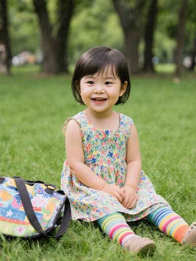 밝은 색상의 원피스와 화사한 레깅스를 입은 3세 한국인 소녀의 귀여운 반신 샷. 공원에서 귀여운 웃음을 지으며 앉아 있고, 옆에는 세련된 가방이 놓여 있으며, 푸른 잔디와 나무들로 둘러싸인 모습입니다.