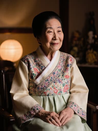 80대 한국인 여성의 반신 사진으로, 화려한 자수가 있는 전통 한복을 입고 있습니다. 만족스러운 표정과 부드러운 미소를 지으며, 따뜻한 조명과 전통 가구가 배치된 아늑한 거실에서 무릎 위에 손을 얹고 앉아 있습니다.