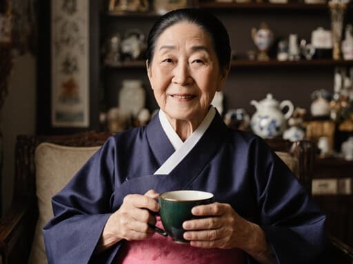 80대 한국인 여성이 전통 한복을 입고, 편안하게 앉아 차잔을 들고 부드럽게 미소 짓고 있는 모습의 반신 촬영, 전통적인 소품이 배치된 아늑한 거실을 배경으로 하고 있습니다.