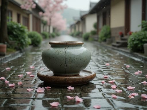 桜の花びらが散った濡れた石畳の道 - 무료 다운로드 가능한 自然風景