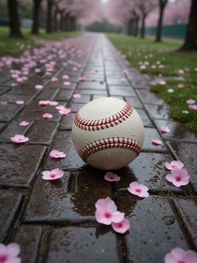 桜の花びらが舞う濡れた石畳の道 - 무료 다운로드 가능한 自然風景