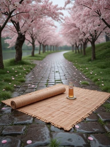 雨に濡れた桜並木の石畳の道 - 무료 다운로드 가능한 自然風景