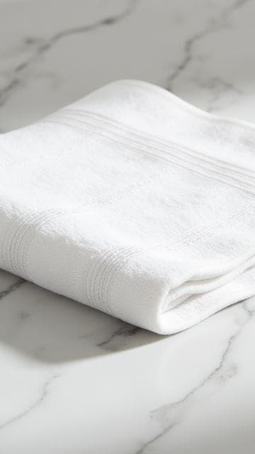 타올, 섬유, 가정, 욕실, 평화롭고 깨끗하며 미니멀한, 대리석 조리대 위에 neatly 접힌 부드러운 면 타올.