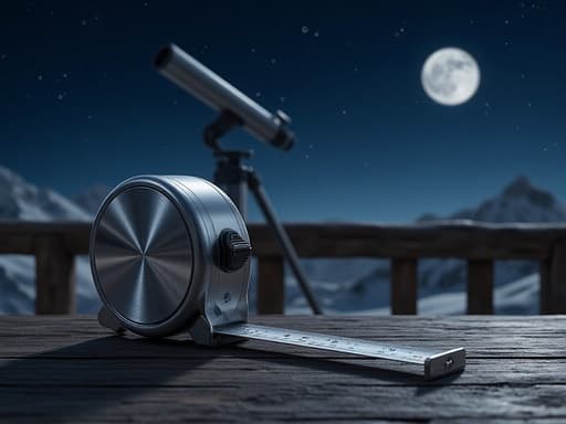 망원경, 광학 기기, 과학 기기, 도구, 고요하고 사색적인, 세밀한, 나무 난간이 있는 테라스, 근처의 망원경, 맑은 밤하늘에 반짝이는 별들, 부드러운 달빛이 드리우는 부드러운 그림자.