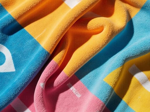 비치 타올, 타올, 홈 텍스타일, 홈 필수품, 사진처럼 사실적인, 자연광, 높은 디테일, 다양한 색상의 부드러운 면 타올과 기하학적 패턴 배경, 각진 형태, 높은 대비.