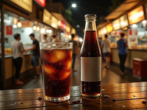 콜라, 음료, 음료수, 소비재, 활기찬 분위기, 흐릿한 음식 가판대와 다채로운 조명이 있는 번화한 야시장.