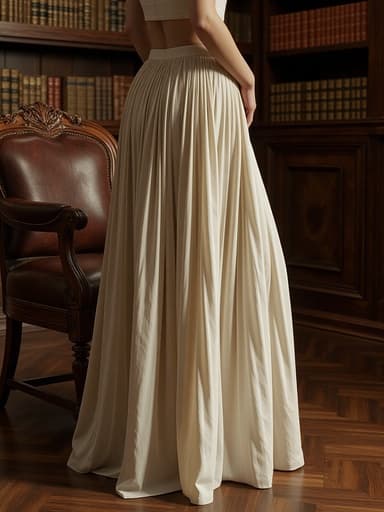 주름 긴 치마, 패션, 우아함, 세련되고 따뜻하며 자연스러운, 고전적인 도서관 내부, 화려한 나무 의자, 풍부한 나무 톤, 가죽 제본된 책, 빈티지 조명.