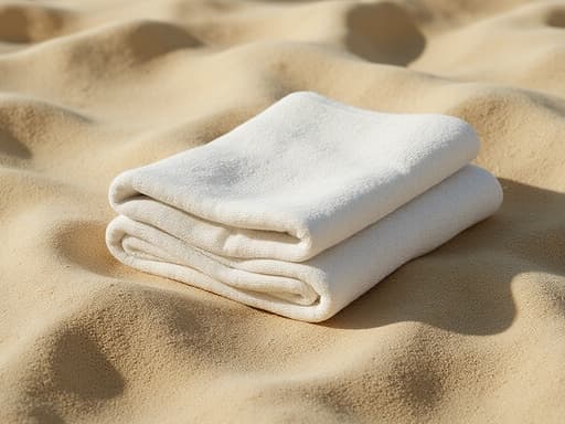 손 타올, 욕실, 필수품, 직물, 따뜻하고 편안하며 화창하고 생기 있는, 여름 해변에서 부드러운 면 타올이 자연스럽게 접혀져 있는 모습, 따뜻한 햇빛과 부드러운 그림자, 현실적인 모래 알갱이와 햇빛 반사.