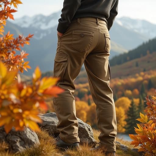 등산 바지, 가을 단풍이 물든 산 배경, 현실적, 자연스러움, 고요함