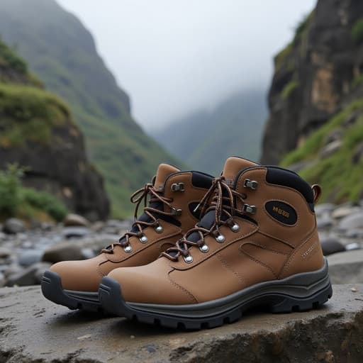 하이킹 부츠, 야외, 스포츠, 안개 낀 계곡에 놓인 신발, 안개 덮인 절벽, 습기 있는 바위, 부드러운 자연광, 확산된 그림자
