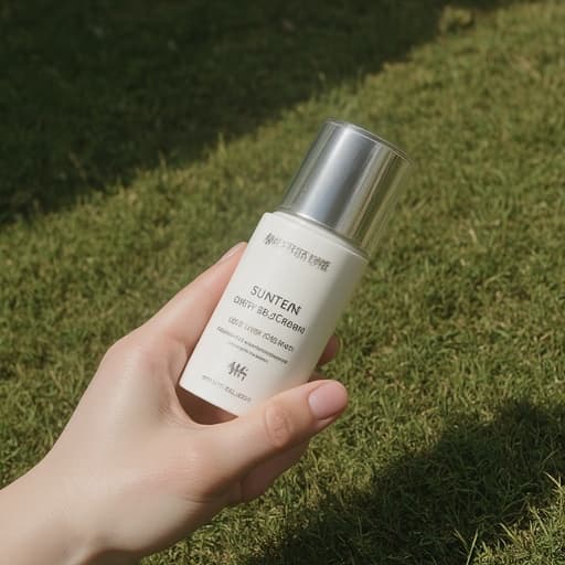 선케어 BB크림, 맑은 하늘, 잔디, 부드러운 자연광, 약간 울퉁불퉁한 표면, 미묘한 그림자