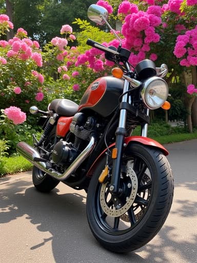 오토바이, 자동차, 이동수단, 꽃이 만발한 정원, 생동감 넘치고, 자연스러운