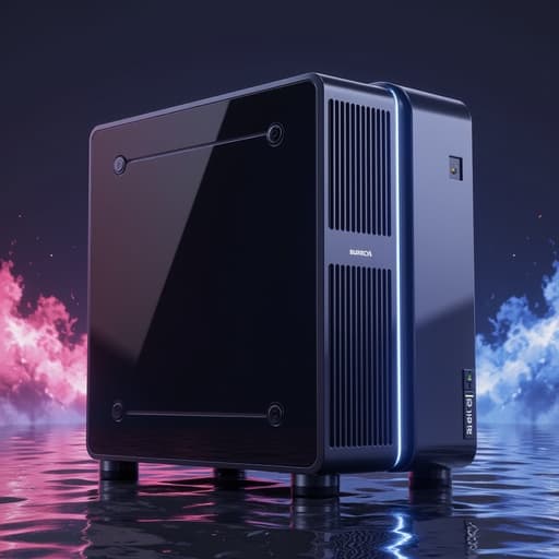 데스크탑 PC, 디지털 기기, 주변의 추상적 색채, 부드러운 초점, 현실적인 그림자, 높은 디테일, 사진적 현실감, 자연광, 4K