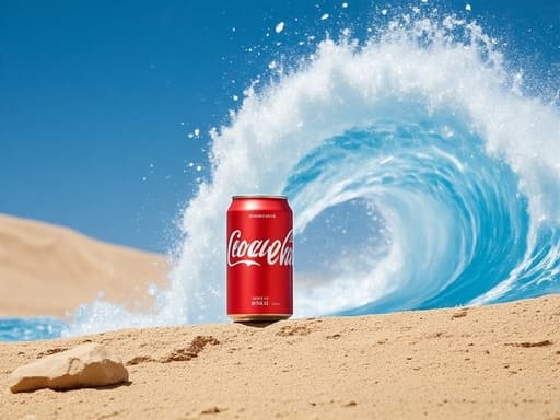 소다 캔, 물의 큰 파도가 있는 사막 풍경, 초현실적, 상쾌함