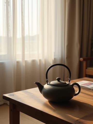 티포트, 주방용품, 가정용품, 소박한 나무 테이블, 포근한 북촌 거실, 흰색 커튼, 미니멀, 편집적인 인스타그램 스타일 아름다움