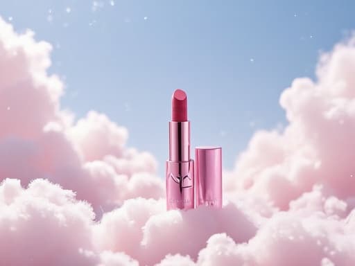 립스틱, 화장품, 부드러운 파스텔 색조의 몽환적인 배경과 떠다니는 구름, 꿈같고 평화로운 분위기