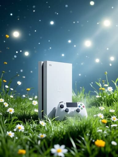 게임 콘솔, 디지털 기기, 이더리얼 조명이 떠 있는 고요한 디지털 초원, 차분한, 몰입형, 미래주의적