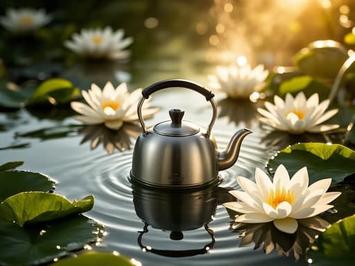 주전자, 고요한 연못, 새벽의 연꽃이 가득한, 차분한, 순수함, 고요함
