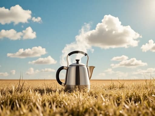 주전자, 증기 모양의 떠 있는 구름이 있는 열린 들판, 고요한, 아늑한