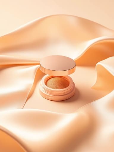 부드러운 복숭아색 선크림 쿠션 컴팩트가 부드러운 주름이 있는 미니멀한 새틴 패브릭 배경 위에 놓여 있고, 따뜻하게 확산된 아침 햇빛에 의해 조명이 비춰져 깔끔하고 고급스러운 분위기를 만들어냅니다.