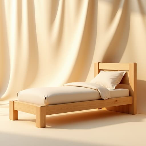 자연 오크 색상의 단순한 나무 침대가 부드러운 베이지색 천 배경에 우아하게 전시되고, 따뜻한 확산 아침 빛에 의해 조명되어 차분하고 고요한 분위기를 연출합니다.