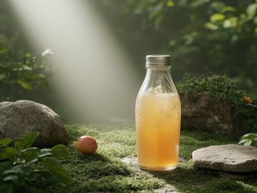 주스 병, 정원에 돌 요소와 분재 나무가 있는 일본식 정원, 평화롭고 고요하며 자연스러운