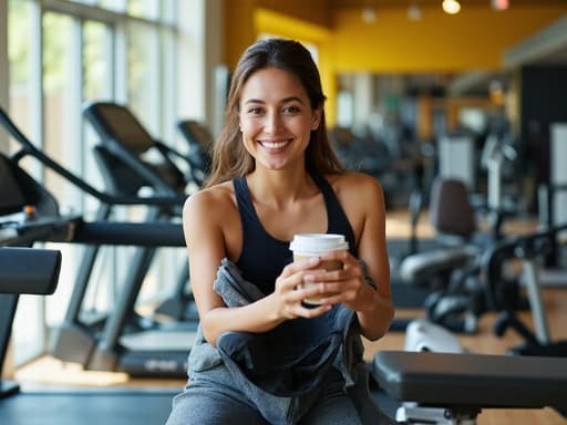 20대 중반의 중동계 여성이 밝고 활기찬 실내 운동장에서 운동복을 입고 커피 컵을 즐기고 있습니다. 그녀는 따뜻한 미소로 친근하고 접근하기 쉬운 성격을 나타내며, 다양한 운동 기구들로 둘러싸여 자연광 아래에서 활기찬 분위기를 자아내고 있습니다.