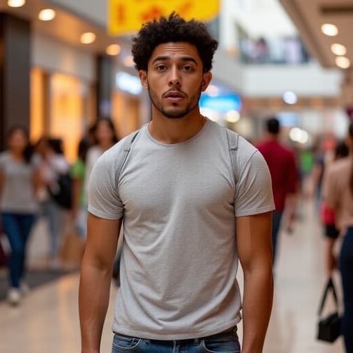 자연스러운 외모를 가진 20대 중반의 라틴계 남성이 트렌디한 티셔츠와 청바지를 입고 있는 매력적인 반신 샷입니다. 놀란 표정과 크게 뜬 눈, 편안하게 내린 손이 가벼운 긴장감을 표현하며, 다양한 상점들이 있는 활기찬 쇼핑몰의 배경이 더해져 있습니다.
