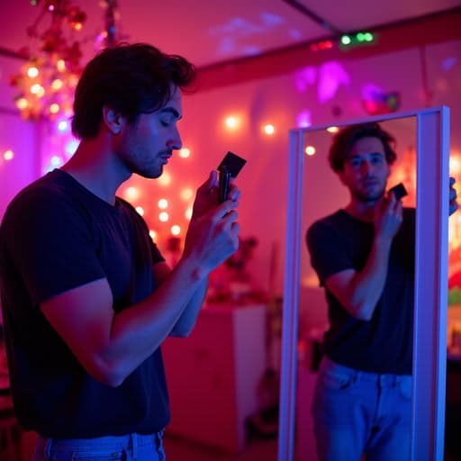 20대 후반의 유럽계 남성이 캐주얼한 티셔츠와 청바지를 입고 거울 앞에 서서 친구들과의 만남을 준비하는 긴장한 표정을 하고 있는 반신 상의 모습. 화려한 장식과 생동감 있는 조명이 있는 스타일리시한 파티룸이 축제 분위기를 더해줍니다.