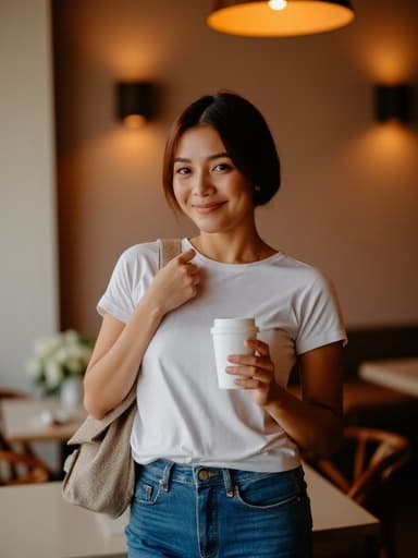 20대 초반의 중동계 여성이 캐주얼한 티셔츠와 청바지를 입고 커피잔을 들고 따뜻하게 미소 짓고 있습니다. 한쪽 어깨에는 가벼운 가방을 메고 있으며, 아늑한 카페 다이닝룸의 따뜻한 조명이 비추는 배경 속에서 편안한 분위기를 자아내고 있습니다.