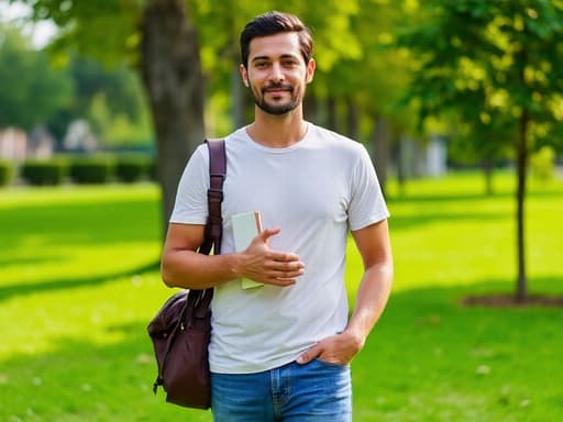 30대 후반의 중동계 남성이 푸르른 공원에서 캐주얼한 청바지와 티셔츠를 입고 어깨에 멜 가방을 매고 서 있습니다. 그는 책을 들고 따뜻하게 미소 지으며, 자연과 함께하는 편안하고 친근한 분위기를 연출하고 있습니다.