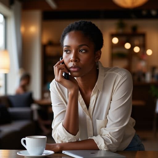 50대 초반의 흑인 여성이 자연스러운 외모로 편안한 블라우스와 청바지를 입고 있는 반신 샷입니다. 그녀는 슬픈 표정으로 약간의 걱정이 엿보이며 전화기를 귀에 대고 한 손은 턱을 괴고 고뇌하는 자세를 취하고 있습니다. 배경은 아늑한 카페 내부로, 테이블에는 커피 잔과 노트북이 놓여 있어 친밀하고 공감할 수 있는 분위기를 만들어냅니다.