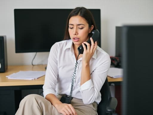 10대 후반 중동계 여성이 깔끔한 블라우스와 편안한 바지를 착용하고 현대적인 사무 환경에 앉아 있습니다. 그녀는 전화기를 귀에 대고 다소 불안한 표정을 지으며 전화 통화를 하고 있습니다. 배경에는 컴퓨터 책상과 모니터, 서류가 흩어져 있어 그녀의 태도를 보완하는 전문적인 분위기를 만들어냅니다.
